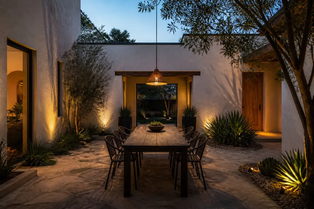 Concept study of a finished Austin courtyard with textured stucco and native planting